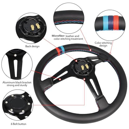 3 Color Stitching Racing Steering Wheel Microfiber Leather 13.8”/350mm Drifting Deep Dish Steering Wheel For Car and Simulation PC Game - color: 3 color Stripe