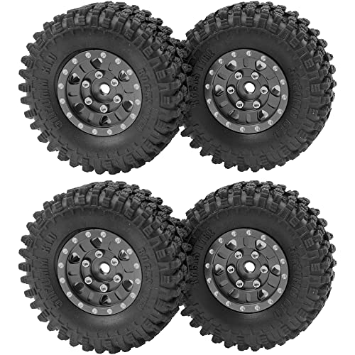 4Pack HIRCQOO 1.0" SCX24 Beadlock Wheels 7mm Hex Wheel Rims & Rubber Crawler Tires Set Compatible with Axial SCX24 1/24 Deadbolt AXI00002 AXI90081 AXI00002V2 RC Crawler Car (Black)