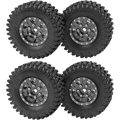 4Pack HIRCQOO 1.0" SCX24 Beadlock Wheels 7mm Hex Wheel Rims & Rubber Crawler Tires Set Compatible with Axial SCX24 1/24 Deadbolt AXI00002 AXI90081 AXI00002V2 RC Crawler Car (Black)