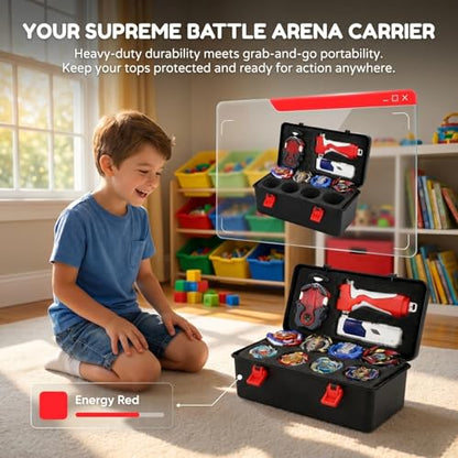 Battling Top Carrying Case, Portable Plastic Storage Box Organizer with Foam Insert for Burst Spinning Tops and Launchers, Kid-Friendly Travel Toy Holder, Black, 8.65"