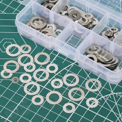 Swpeet 175Pcs 6 Sizes M4 M5 M6 M8 M10 M12 304 Stainless Steel Flat Washers Assortment Kit, Ultra Thin Flat Spacers, Metal Washers Set, Metal Ultra Thin Plain Gasket, Shim Washer for Screw Bolt