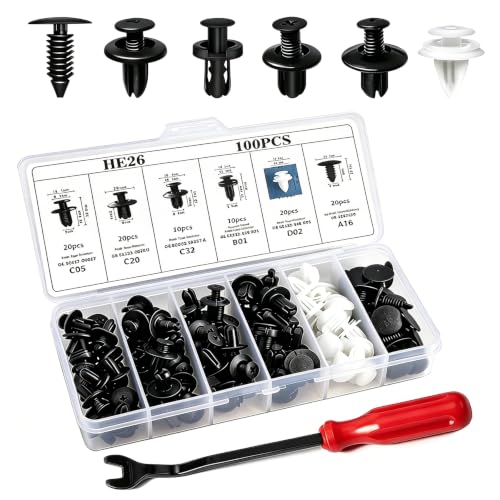 100 Pcs Car Bumper Clips Kit, Car Plastic Rivets Fasteners Push Retainer Kit with Sizes Auto Push Pin Rivets Set, Universal Expansion Screw Clips (Black)