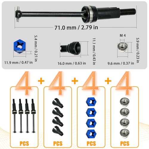 Hardened Steel CVD Drive Shafts Set with Adapters, Nuts, Center Drive Cups, Front Rear Dogbone Driveshaft Axles Upgrades Part for 1/16 Mojave Grom ARA2304, ARA2304S, ARA2104 (Black,Blue) - color: Black-blue