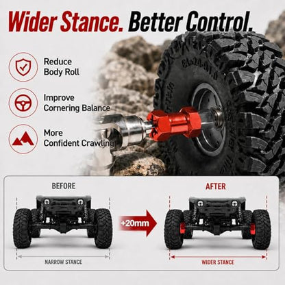 4PCS 12mm Hex Hub 20mm Aluminum Extension Hex for Axial SCX10 D90 90046 | 20mm CNC Wheel Hex Extenders for 1/10 RC Crawlers Redcat Gen7/Gen8 CC01 RC4WD Wider Stance & Tire Clearance with M4 Nuts Pins - color: red