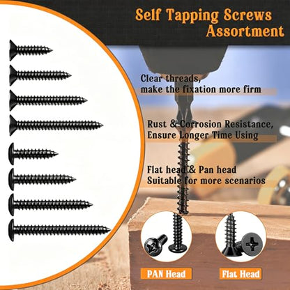 Dianrui 288 PCS Black Wood Screws Assortment Kit, Assorted Sheet Metal Screws #4/#6/#8/#10, ‌Phillips Drive Pan & Flat Head Screw Set Marine Grade Length 3/8" to 2" - size: 288PCS-BK