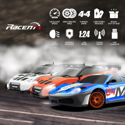 Drift RC Car, 1:24 Scale 2.4Ghz Remote Control Car Toys for Kids | drifting & racing tires, 2 batteries, LED lights, 4 wheels drive, steering trimmer - color: White, size: 1:24 Scale