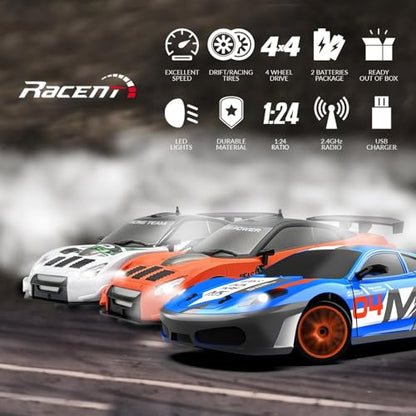 Drift RC Car, 1:24 Scale 2.4Ghz Remote Control Car Toys for Kids | drifting & racing tires, 2 batteries, LED lights, 4 wheels drive, steering trimmer - color: White, size: 1:24 Scale