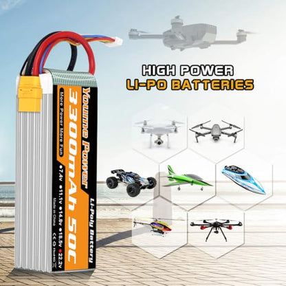 Yourme 6S LiPo Battery 22.2V 3300mAh 50C XT90 2Packs for RC Car Drone Boat | 2pcs 6S Lipo Soft Case 22.2V 3300mAh 50C XT90 Plug for RC airplane helicopter quadcopter drone truck boat, high performance - style: 2x 22.2V 3300mAh