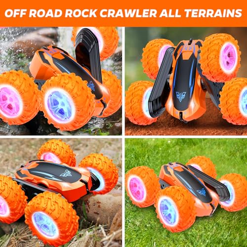 Remote Control Car, 2.4GHz Electric Race Stunt Car, 360° Rotating RC Car | Kids Car Toys, LED Headlights Double Sided RC 4WD High Speed Off Road Gift for 3 4 5 6 7 8-12 Year Old Boy Toys (Orange) - color: Orange