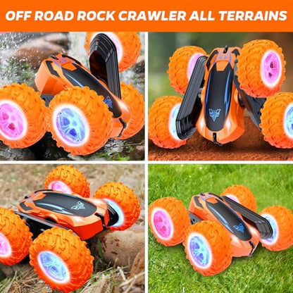 Remote Control Car, 2.4GHz Electric Race Stunt Car, 360° Rotating RC Car | Kids Car Toys, LED Headlights Double Sided RC 4WD High Speed Off Road Gift for 3 4 5 6 7 8-12 Year Old Boy Toys (Orange) - color: Orange