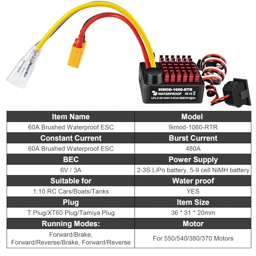 WP 1060 2-3s 60A Brushed ESC [XT60 Plug] Waterproof Brushed Electronic Speed Controller with Switch Mode BEC, RC ESC for 1/10 Scale RC Crawler Car Trucks - color: Black-yellow