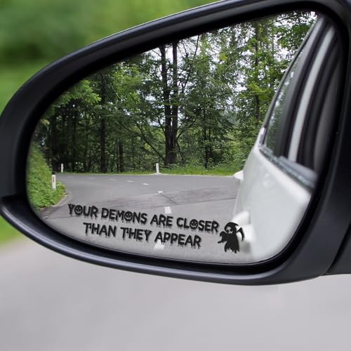 2PCS Funny Halloween Vanity Mirror Stickers, Gothic Car Accessories, Your Demons are Closer Than They Appear Car Mirror Decal, Vinyl Waterproof Bumper Sticker for Truck Window (Black) - color: Black