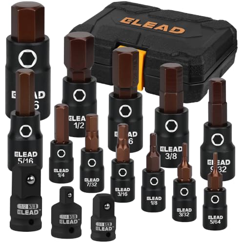 16-Piece SAE Hex Bit Impact Socket Set - Premium S2 Steel 5/64"-9/16" Allen Socket Set with Socket Adapters, 1/4”, 3/8” and 1/2” Drive | Professional Mechanic Garage Tools - style: SAE Hex