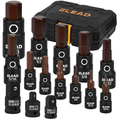 16-Piece SAE Hex Bit Impact Socket Set - Premium S2 Steel 5/64"-9/16" Allen Socket Set with Socket Adapters, 1/4”, 3/8” and 1/2” Drive | Professional Mechanic Garage Tools - style: SAE Hex