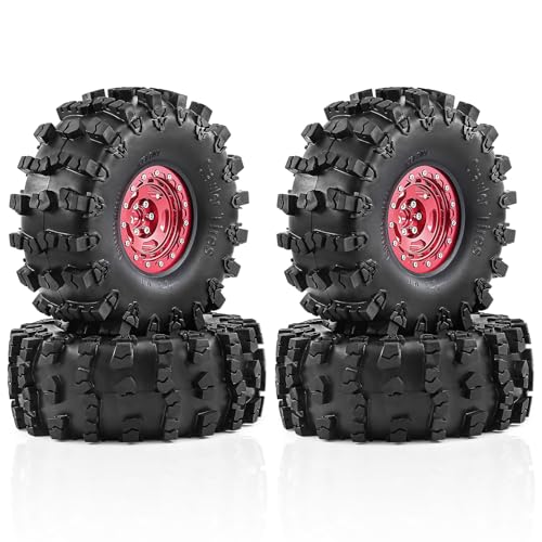 2.2" Beadlock Wheel Rims and Rubber Crawler Tires 150mm (5.91in) for 1/10 RC Crawler SCX10 RBX10 Wraith TRX4 (Red) - color: Red