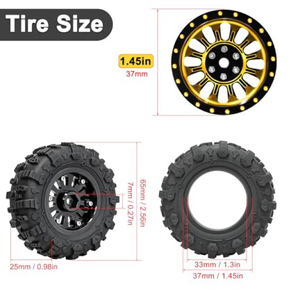 LRFHL 1.3" Beadlock Wheel Tires Aluminum for SCX24 TRX4M, 4PCS, Gold | Upgraded 1.45-inch Wheel, 1/24 SCX24 1/18 TRX4M RC Crawler Car Upgrade - color: Black Tires+ Gold Wheels-2