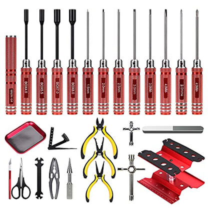 RC Car Tool Kit (27pcs), Screwdriver Set (Flat, Phillips, Hex), Pliers, Cross Wrench, Body Reamer, Stand, Polished Bar Hobby Repair Tools for Traxxas Car Quadcopter Drone Helicopter Airplane