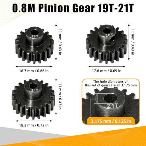 0.8M Pinion Gear Set Hardened Steel 3.175mm Shaft 19T 20T 21T Pinion Gears with Screws and Hex for Tamiya, Traxxas, Arrma, Axial, Losi, HPI 1/10 RC Car Brushless Brush Motor Upgrade - size: 19 20 21T