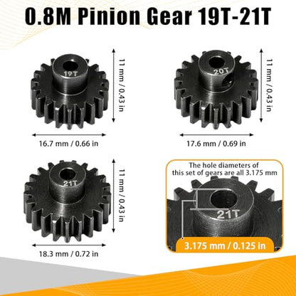 0.8M Pinion Gear Set Hardened Steel 3.175mm Shaft 19T 20T 21T Pinion Gears with Screws and Hex for Tamiya, Traxxas, Arrma, Axial, Losi, HPI 1/10 RC Car Brushless Brush Motor Upgrade - size: 19 20 21T