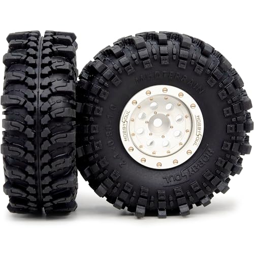 Brass 1.0 Beadlock Wheels and Tires 61mm Tall, Adjustable Offset 1'' Rims Tyre for RC Mud Crawler 1/18 TRX4M 1/24 SCX24 Upgrades, HS701455 - color: White
