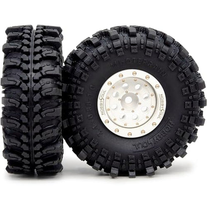 Brass 1.0 Beadlock Wheels and Tires 61mm Tall, Adjustable Offset 1'' Rims Tyre for RC Mud Crawler 1/18 TRX4M 1/24 SCX24 Upgrades, HS701455 - color: White