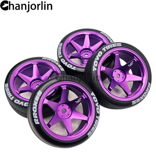 RC 1/10 Drift Tires & Aluminum Wheels 12mm Hex OD 65mm Hard Drift Racing Smooth Tyres for 1:10 1/12 Rally Street On Road Touring Car TT01 TT02 XV02 XV01 TA06 HPI KYOSHO PTG2 4PCS (Purple) - color: Purple