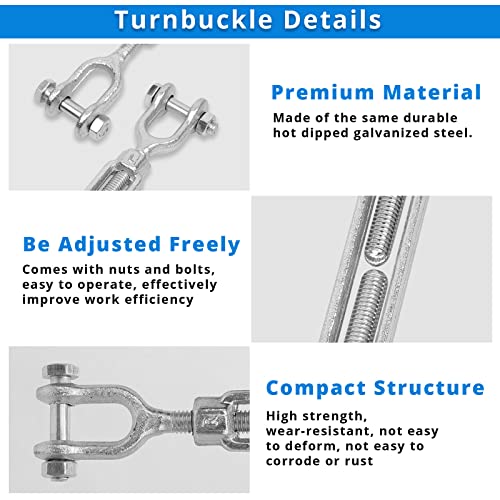 Hot Dipped Galvanized Steel Jaw and Jaw Turnbuckle - Heavy Duty Turnbuckle, 3/8" Threaded Diameter x 12in for Cables Wire Shade Sail Clotheslines - Durable,Weather Resistant - color: 3/8