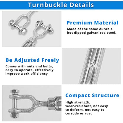 Hot Dipped Galvanized Steel Jaw and Jaw Turnbuckle - Heavy Duty Turnbuckle, 3/8" Threaded Diameter x 12in for Cables Wire Shade Sail Clotheslines - Durable,Weather Resistant - color: 3/8