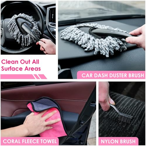 Windshield Cleaner Tool, 17Pcs Pink Car Interior Cleaning Kit, Detailing Kit Cleaner, Detailing Brush, Cleaning Gel, Inside Cleaning Supplies Accessories for Women Girl Gift - color: Pink