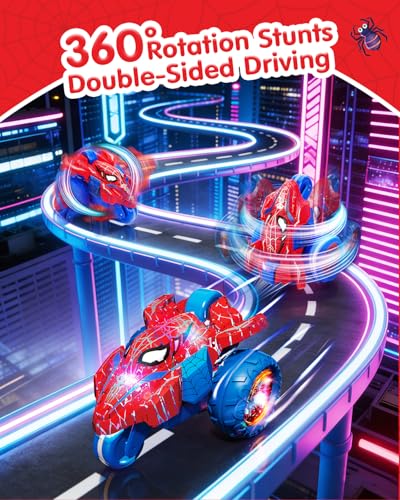 Spider RC Stunt Tricycle for Boys, 3-Wheel Remote Control Motorcycle Car with 360° Rotation & Double-Sided Driving, 2.4GHz Rechargeable LED Stunt RC Car Toy Gift for Kids Ages 3-9 - color: Spider