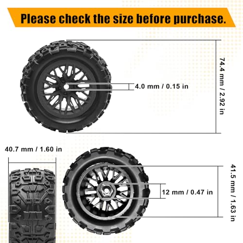 Pre-Glued 1/16 & 1/18 RC Monster Truck Rubber Tire & Nylon Wheel - 12mm Hex | Rubber Tires with Foam Fits for ARRMA 1/18 Granite/Typhon Grom, WLtoys A949, MJX Hyper Go H16 (4PCS, Black) - color: Black