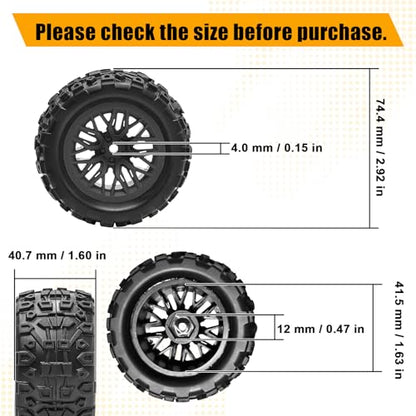 Pre-Glued 1/16 & 1/18 RC Monster Truck Rubber Tire & Nylon Wheel - 12mm Hex | Rubber Tires with Foam Fits for ARRMA 1/18 Granite/Typhon Grom, WLtoys A949, MJX Hyper Go H16 (4PCS, Black) - color: Black