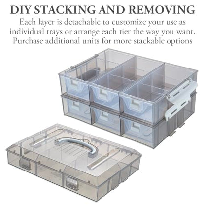 MyGift 11 Inch Smoke Gray Transparent Arts and Crafts Sewing Supplies Storage Organizer Case with White Accents, 24 Customizable Compartments, and 6 Drawers with Removable Dividers - color: Grey