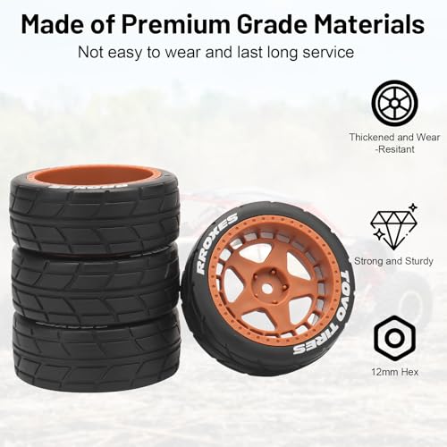 1/10 RC On Road Wheels and Tires, daitoku 12mm Hex RC Rally Racing Car Tires for HPI Ken Block's Tamiya XV01 TT01 TT02B Kyosho FAZER MK2 Lc Racing PTG HSP RGT RC 3RACING D5 (Orange) - color: Orange