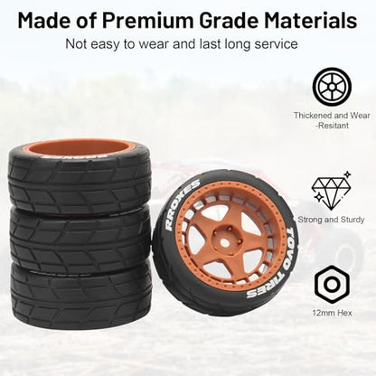 1/10 RC On Road Wheels and Tires, daitoku 12mm Hex RC Rally Racing Car Tires for HPI Ken Block's Tamiya XV01 TT01 TT02B Kyosho FAZER MK2 Lc Racing PTG HSP RGT RC 3RACING D5 (Orange) - color: Orange