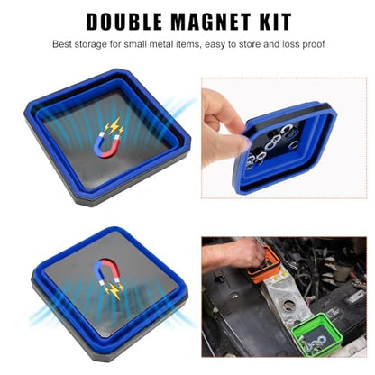 Yourkar, 2 PCS Collapsible Magnetic Parts Tray, 4.5 Inch Foldable Magnetic Square Silicone Tray, Tool Tray Set with Double-Sided Magnetic Base for Screw Bolts Nuts Pins, Car Accessories (Red+Blue) - color: Red+Blue, 2 PCS