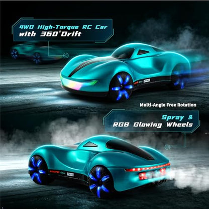 AEROQUEST Gesture Sensing RC Stunt Car with Display Garage | Remote Control Stunt Drift USB-C Charging Light Spray Sound Gesture Sensing Spotrs Birthday Holiday Gifts 2.4GHz 4WD - color: Meteor Supercar Blue