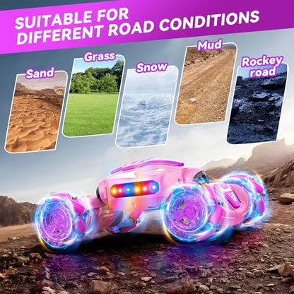 Nicella Gesture Sensing RC Stunt Car, Remote Control Car 360° Rotating 4WD 2.4Ghz RC Cars Transform Hand Controlled Toys with Light & Music, Best Gifts for Girls Age 6-7 8-12 - color: Pink