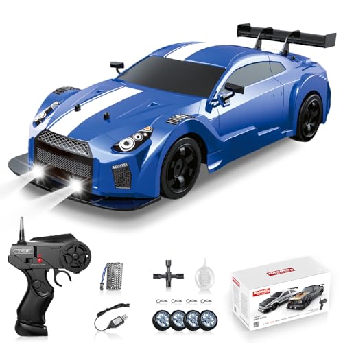 RC Drift Car, Drifting RC Car 1/16 2.4GHz 4WD Remote Control Cars, Rechargeable Drifting Cars 18KM/H+ High Speed RC Racing Vehicle with Spray Cool Lights Toy Car for Kids Boys - color: Blue