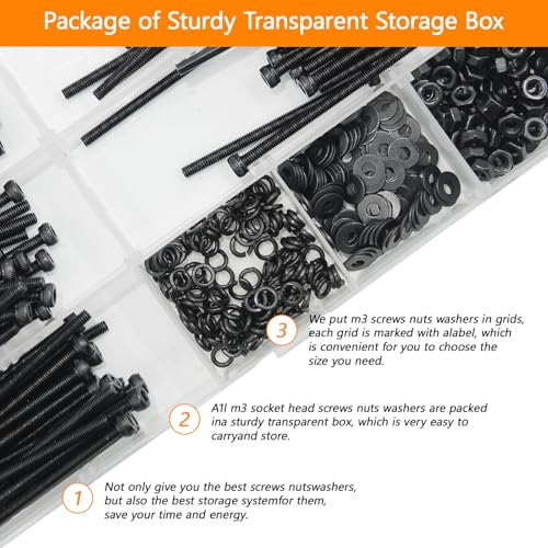 461Pcs M3 Socket Head Screws Metric Screws Bolts Washers Nuts Kit | ﻿ M3 x 30mm /35mm /40mm /45mm /50mm Machine Screw Assortment Kit 12.9 Grade Alloy Steel Fully Threaded for Furniture - size: M3 x 30mm, 35mm, 40mm, 45mm, 50mm