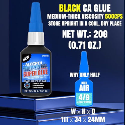 20g Black CA Glue, Medium 500CPS Cyanoacrylate Super Glue | Medium-viscosity cyanoacrylate fills 0.008-inch gaps; bonds wood, metal, leather, ceramic, plastic, rubber; sets in 40-60s