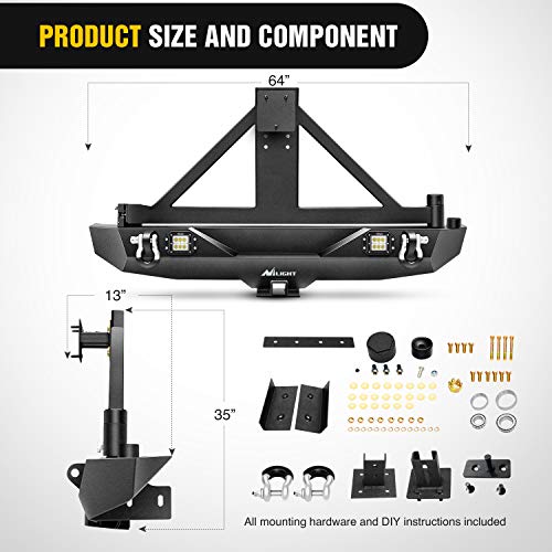 Nilight Rear Bumper & Spare Tire Rack & Hitch Receiver w/2 LED Lights Compatible for 2007-2018 Jeep Wrangler JK for 2007-2018 Jeep Wrangler JK & Unlimited - color: Rear Bumper & Spare Tire Rack