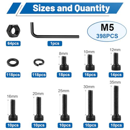 398PCS M5 Socket Head Cap Bolts Kit with Nuts, Flat & Spring Washers | 12.9 Grade Alloy Steel Black Zinc Plated Screws M5-0.8 x8/10/12/16/20/25/30/35 mm Metric Fastener for 3D printer, Furniture - size: G12.9 M5 398PCS