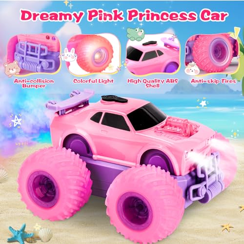 Drefirsa Princess Remote Control Car, Pink Monster Truck Girl Age 4-7 8-12 | DIY Sticker, Colorful Wheel Lights, Headlight, Stunt Car, Mist Spray, Toy for 3 4 5 6 7 8 Year Old Girl Birthday Gift - color: Pink