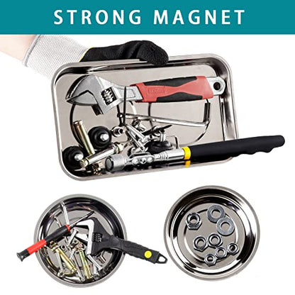 3 Pieces Magnetic Trays with 8LBs Telescoping Magnetic Pick-up Tool Set, 9.5" Rectangle, 2 Pieces 4" Stainless Steel Magnet Parts Tray for Screws, Sockets, Bolts, Mechanic's - size: 9.5", 2 x 4"+8LB Pickup