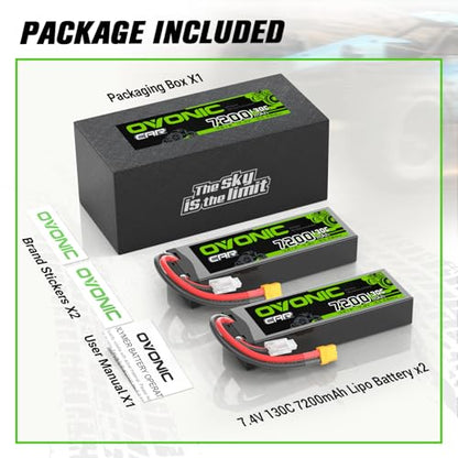 OVONIC 2S LiPo Battery 7200mAh 7.4V 130C RC Battery with XT60 to TRA Connector [2 Batteries in 1 Package]