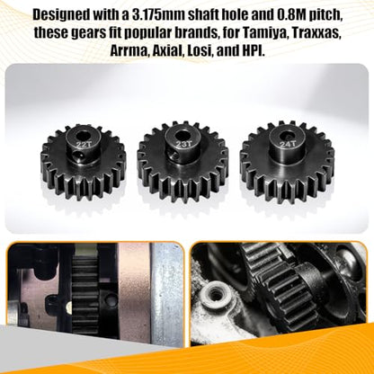 0.8M Pinion Gear Set Hardened Steel 3.175mm Shaft 22T 23T 24T Pinion Gears with Screws and Hex for Tamiya, Traxxas, Arrma, Axial, Losi, HPI 1/10 RC Car Brushless Brush Motor Upgrade - size: 22 23 24T