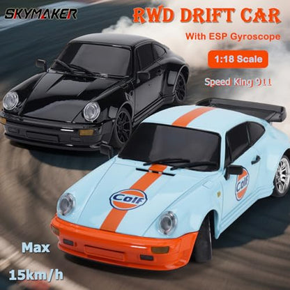 1/18 Porsche 911 RWD RC Drift Car with Metal Tires (Blue) | 1/18 RWD Drift Car with Metal Tires, 2.4GHz Remote & Gyro for Adults (Blue) - color: Porsche 911 Blue & Black