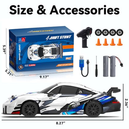 1:24 4WD RC Drift Car Dual Batteries - Blue White | 2.4GHz, LED, 2 tire sets, 2 speeds, 25-30min per battery, USB charge, cones+tool, PC shell, great for indoor play & gift - color: Silver Blue