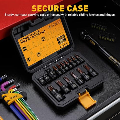 16-Piece Torx Bit Socket Set - Premium S2 Steel European Style T8-T60 with Socket Adapters, Star Bit Socket Set 1/4”, 3/8” and 1/2” Drive | Professional Mechanic Garage Tools - style: Torx